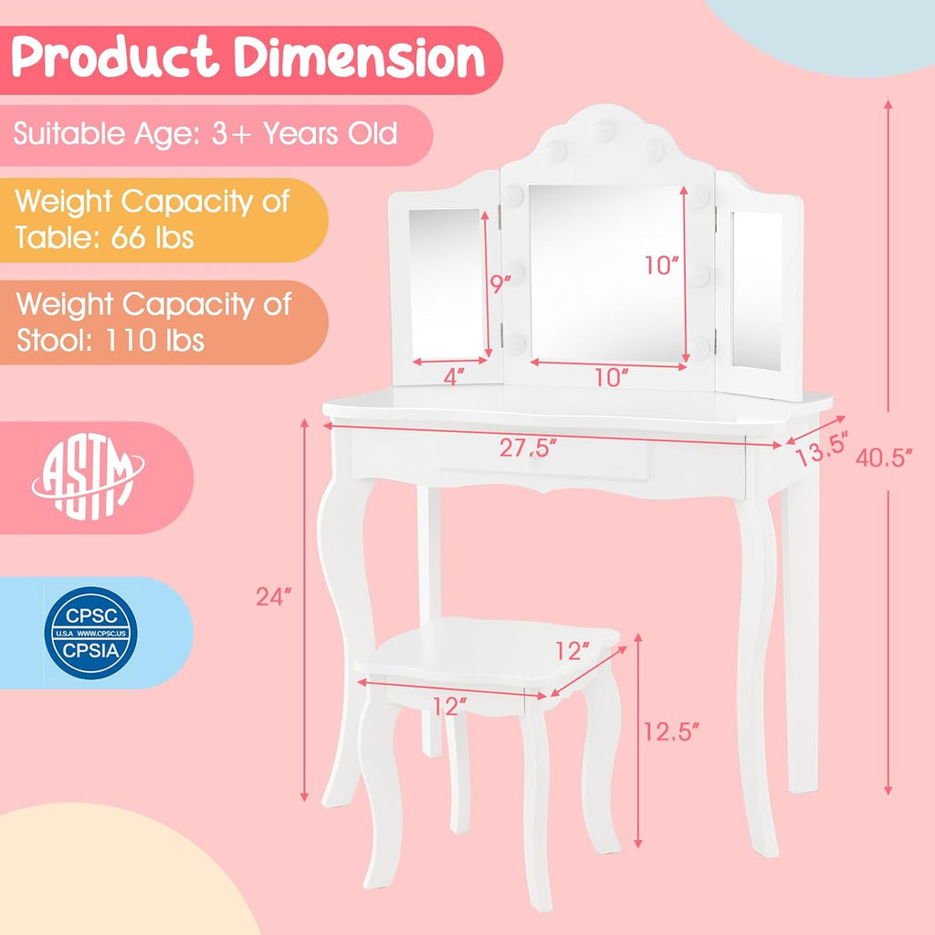 HONEY JOY Kids Vanity Set with Lighted Mirror, 2 in 1 Princess Toddler Dressing Table w/Tri-Fold Mirror & Drawer, Wooden Makeup Table & Chair Set, Pretend Play Vanity Set for Little Girls (White)