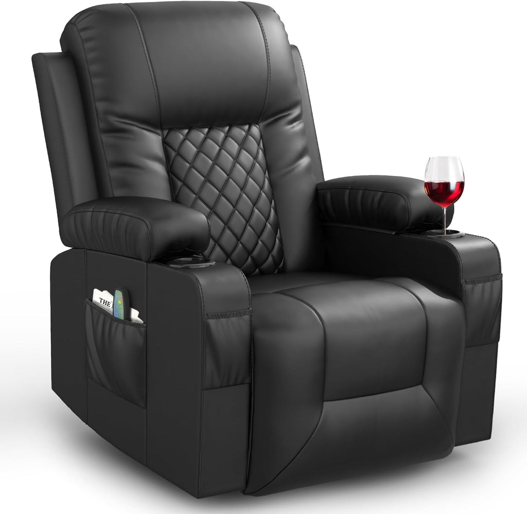 Recliner Chairs for Adults, FSC Certified Massage Reclining Chair with Heated Modern, Ergonomic Lounge Single Reclining Sofa Seat with Cup Holder & Pocket, Living Room Lounge Recliners Black