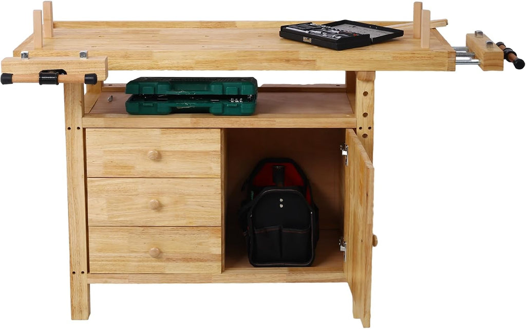 Tidyard Wood Workbench, Heavy-Duty Rubberwood Work Table with Bar Clamps Set 12 inch and 24 inch, Four Metal Pillars and Storage Drawers for Garage Workshop Home DIY Projects