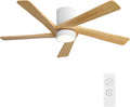 WINGBO 48 Inch Flush Mount DC Ceiling Fan with Lights and Remote, 5 Reversible Carved Wood Blades, 6-Speed Noiseless DC Motor, Hugger Ceiling Fan in White Finish with Oak Blades, ETL Listed