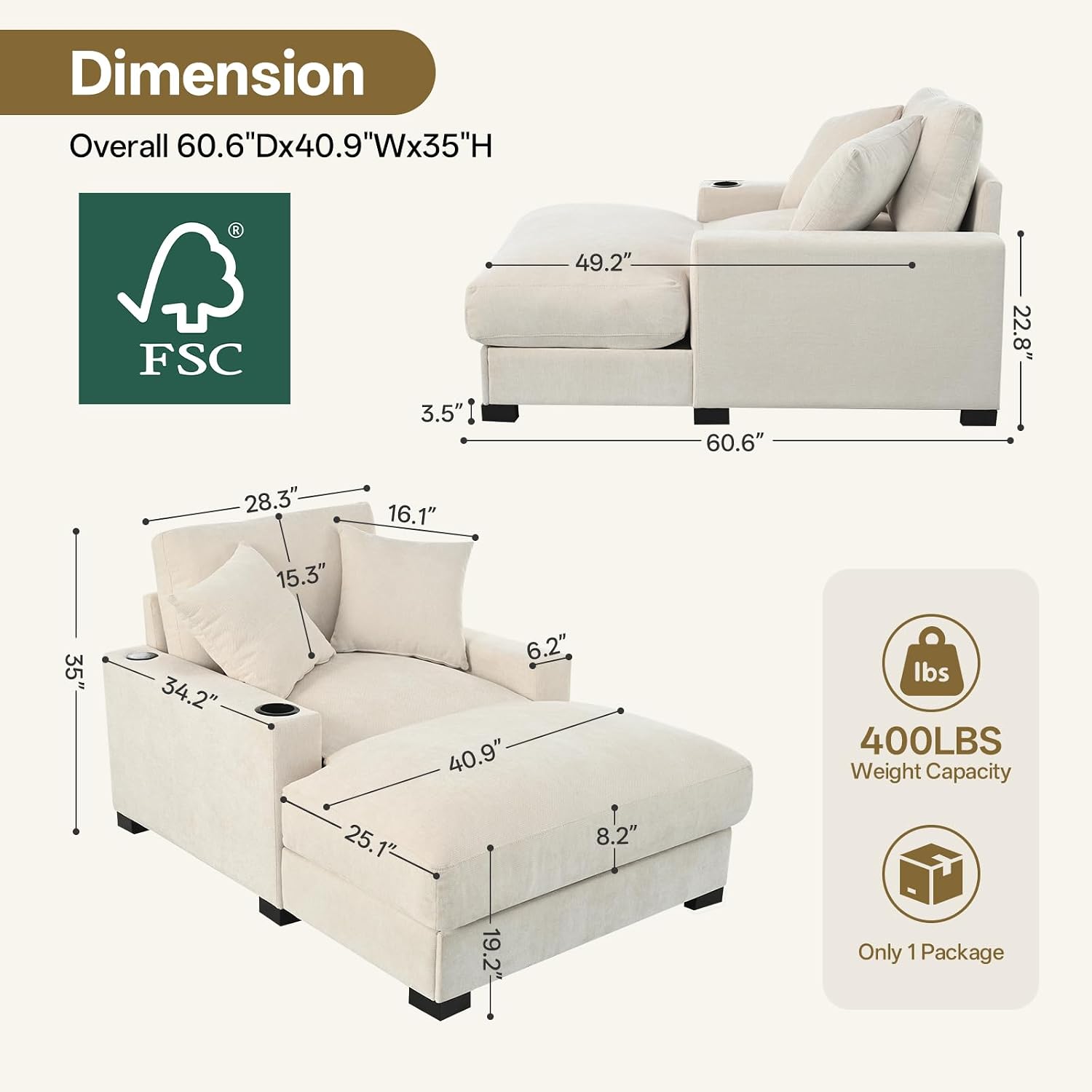 Oversized 60' Chaise Lounge Sofa, Chaise Lounge Recliner with Adjustable Backrest, Built-in Cup Holder USB and Type-C Port, 2 Pillows, Sleeper Couch with Deep Seat for Living Room, Bedroom, Beige
