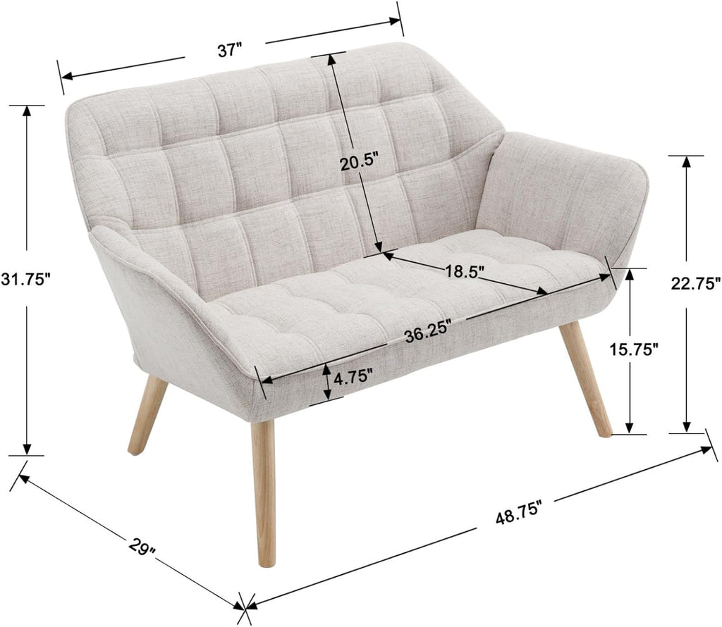 48'Small Loveseat Sofa, Modern Linen Upholstered Mini Couch 2-Seater Fluffy Love Seat with Quilting Backs and Wood Legs for Small Space Living Room, Bedroom, Beige