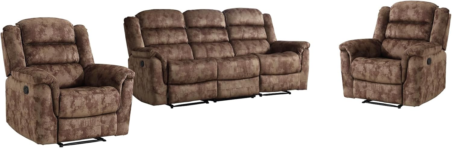 EBELLO 3 Pieces Reclining Living Room Set, Soft Fabric Manual Recliner Sofa Furniture Set, Includes 2 Overstuffed Recliner Chairs and one 3 Seat Sofa, Brown