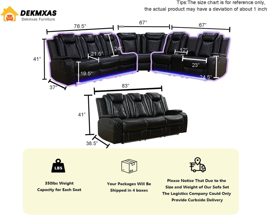 Living Room Furniture Set,Power Recliner Sectional Sofa Set,Black Leather Sectional Reclining Couch and 3-seater Power Reclining Sofa with 4 Recliners/LED Light/Storage Console for Living Room