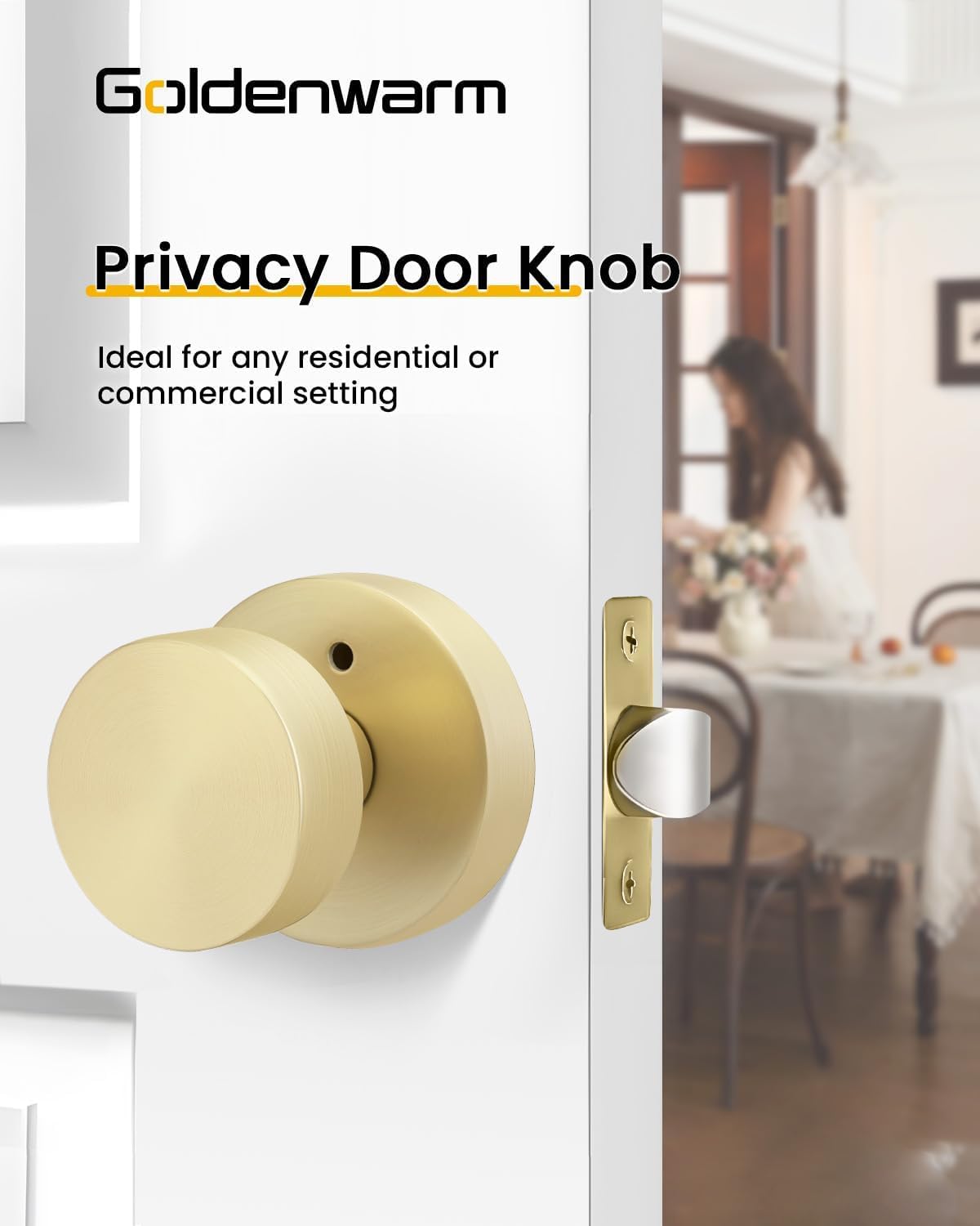 Goldenwarm Gold Door Knobs Interior, Zinc Alloy Brushed Gold Privacy Door Knob, Interior Door Knobs for Bedroom, Bathroom, Brushed Brass Indoor Door Knob, Heavy Duty Round Ball (5 Pack)