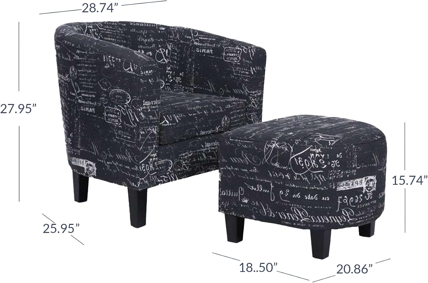 BELLEZE Accent Chair with Ottoman Set, Modern Upholstered Curved Back Barrel Armchair, Round Tub Reading Seating and Footrest for Living Room Bedroom - Black French Pattern/Linen