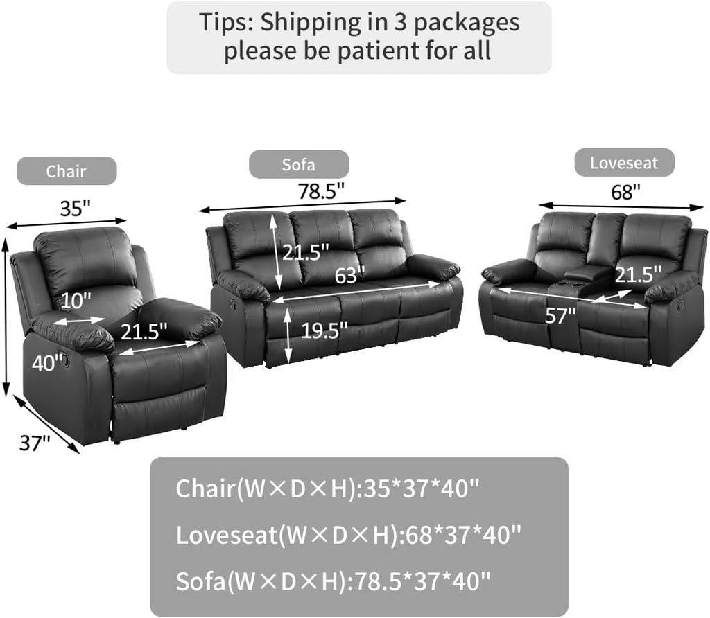 Manual Reclining Couch Sofa Set with Drop-Down Table, 3 Pieces Black Leather Recliner Couch Sets, Living Room Furniture Sets, Recliner Sofa with Storage Console/Cup Holder for Home/Apartment