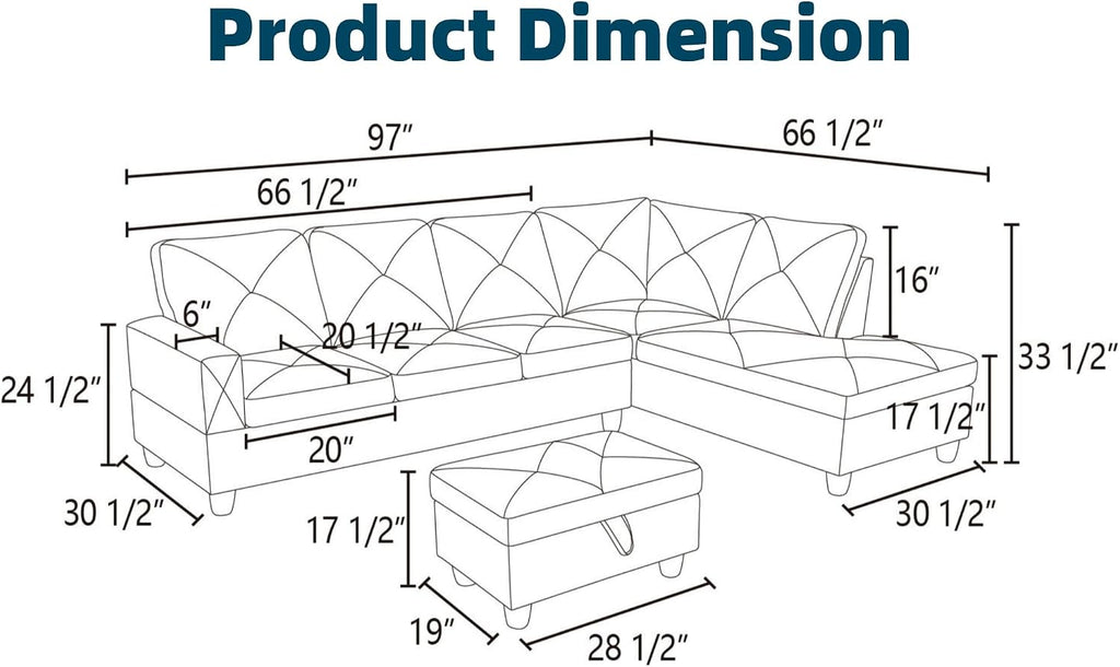 97.5' L Shaped Couch Set, Modular Sectional Couches for Living Room with Storage Ottoman, 4 Seat Home Sofa Living Room Furniture Sets with Chaise for Apartment Office (Linen, Black Grey)