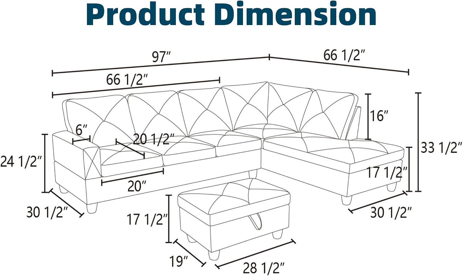 97.5' L Shaped Couch Set, Modular Sectional Couches for Living Room with Storage Ottoman, 4 Seat Home Sofa Living Room Furniture Sets with Chaise for Apartment Office (Linen, Black Grey)