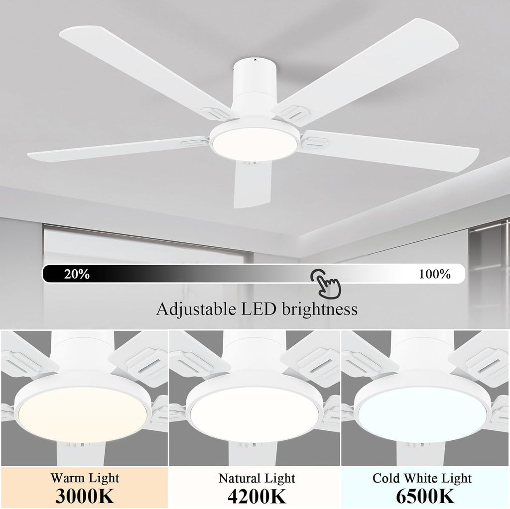 SNJ 60 Inch White Ceiling Fans with Lights and Remote,Flush Mount Low Profile 5 Blades Ceiling Fan,Dimmable Quiet Reversible DC Motor for,Living Room,Bedroom and Patio