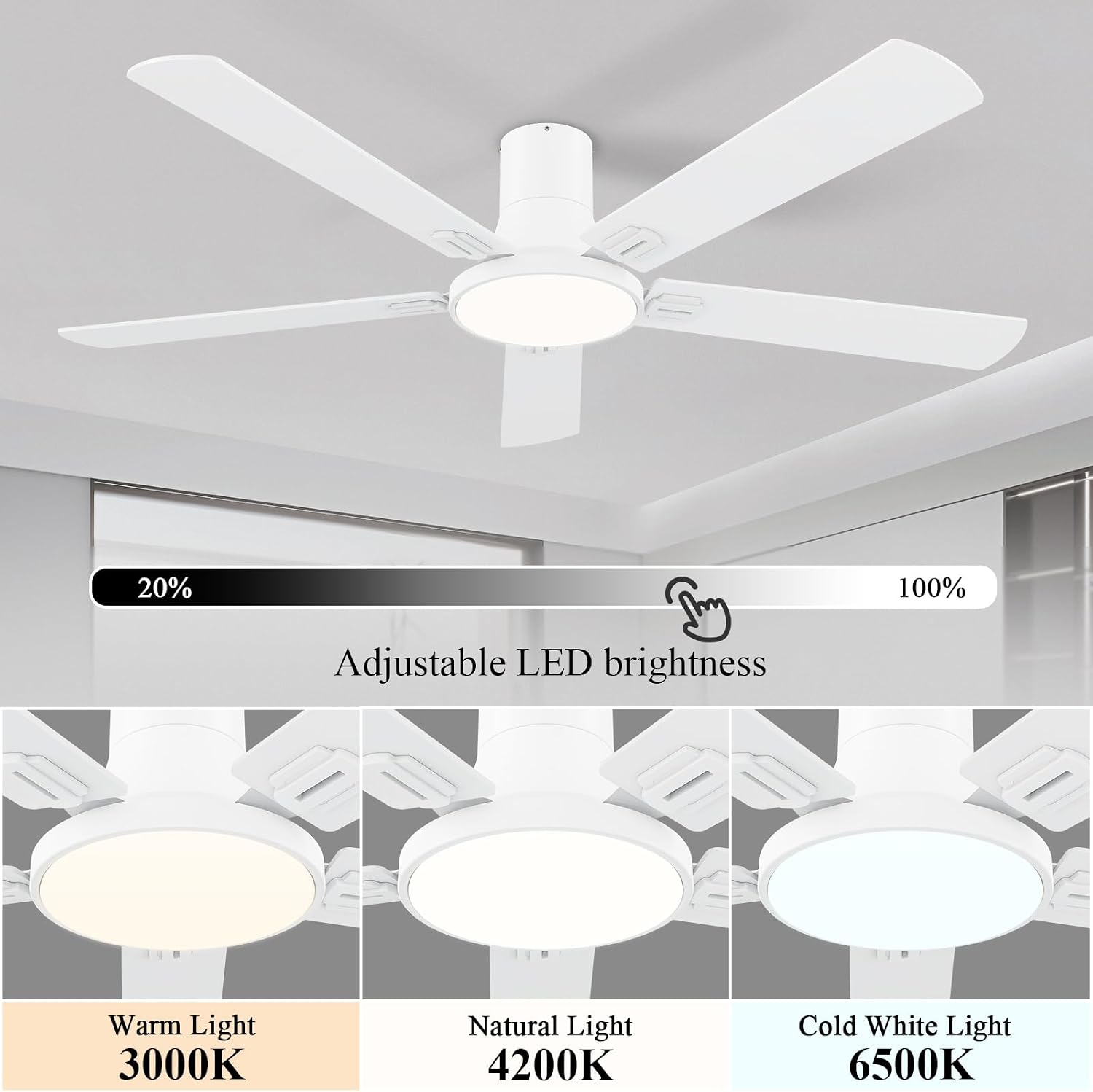SNJ 60 Inch White Ceiling Fans with Lights and Remote,Flush Mount Low Profile 5 Blades Ceiling Fan,Dimmable Quiet Reversible DC Motor for,Living Room,Bedroom and Patio