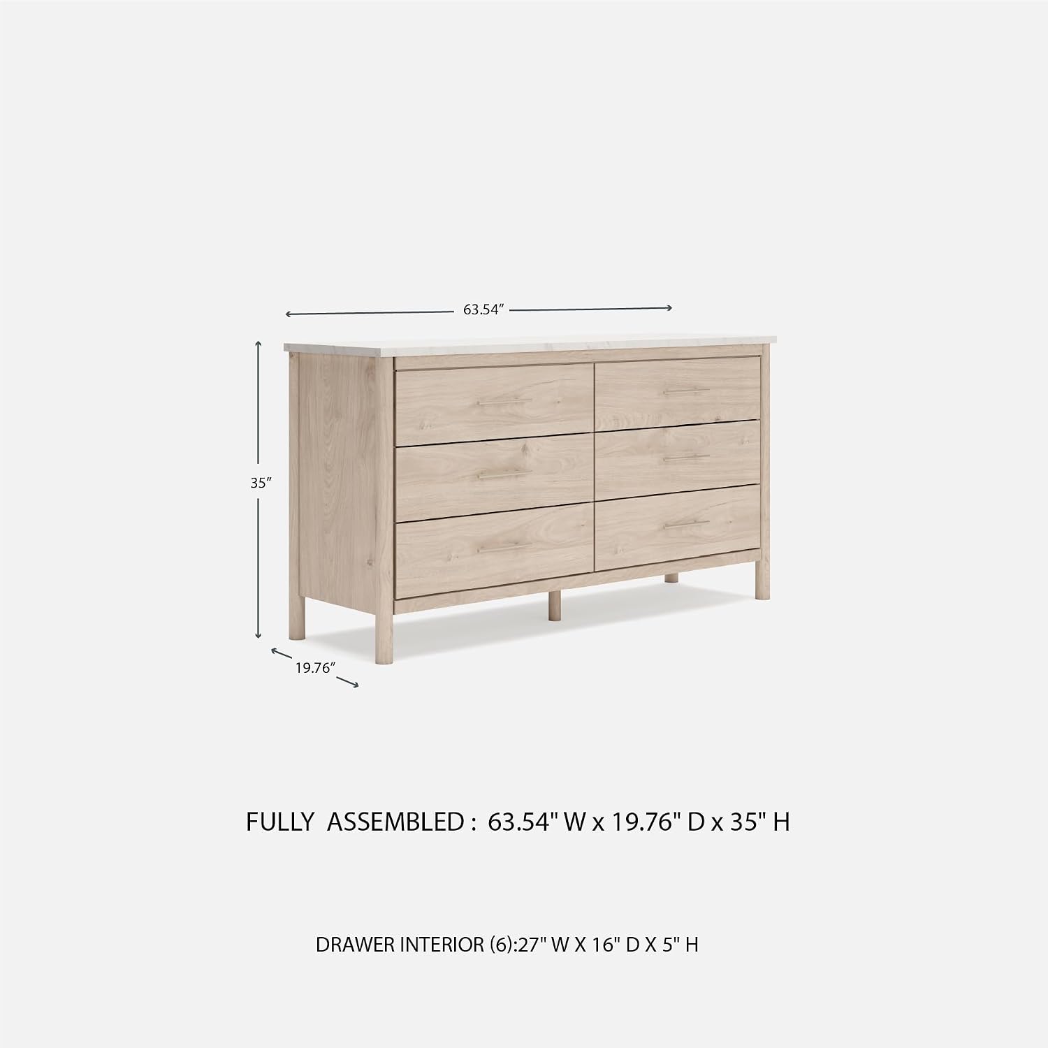 Signature Design by Ashley Cadmori Casual Bohemian Dresser with Post Legs and 6 Drawers, Replicated Marble Top, Wood, 35' High, White and Light Brown Finish