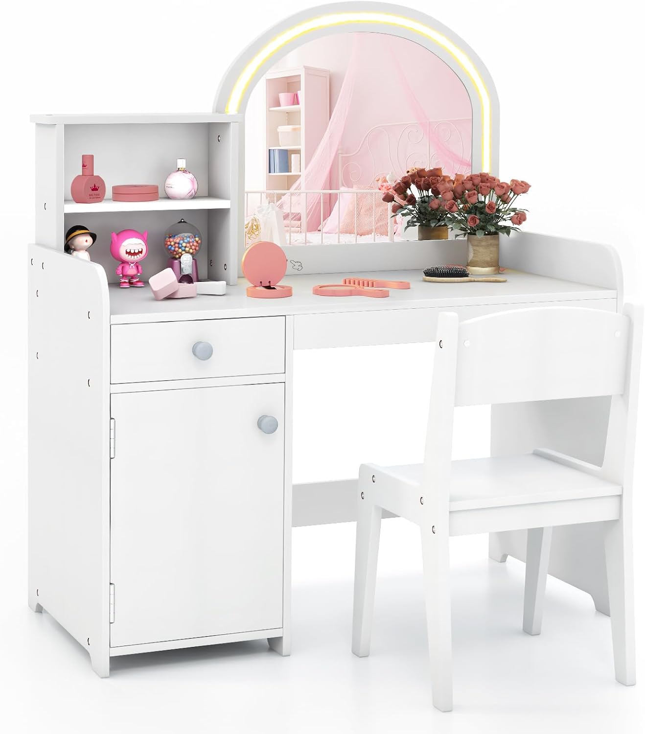 HONEY JOY Kids Vanity with Lights, Little Girls Vanity Set with Mirror and Stool and Lights, Wooden Princess Makeup Dressing Table, Storage Cabinet, Pretend Play Kids Vanity Table and Chair Set(White)