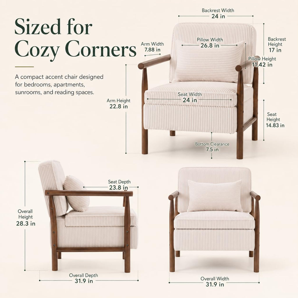 Accent Chair with Hidden Storage, Mid-Century Upholstered Armchair with Solid Wood Frame, Corduroy Fabric Accent Chair for Living Room, Bedroom, and Reading Corner(White)