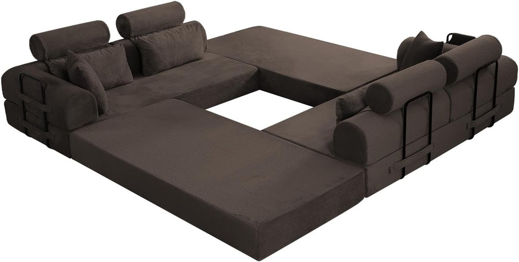 KEIKI 6-in-1 Folding Convertible High Back Sofa Sleeper, 106' Oversized Modular Sectional Corduroy Upholstered L Shape Couches for Living Room, Ergonomic Support for Loft Living Space, Brown