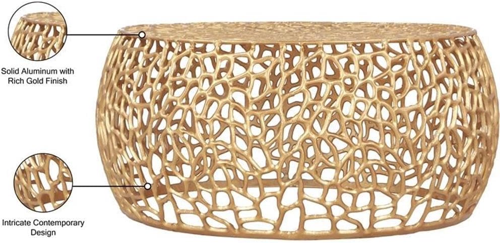 Meridian Furniture Priya Collection Modern | Contemporary Solid Aluminum Round Coffee Table with Intricate Design, 35' W x 35' D x 16' H, Gold