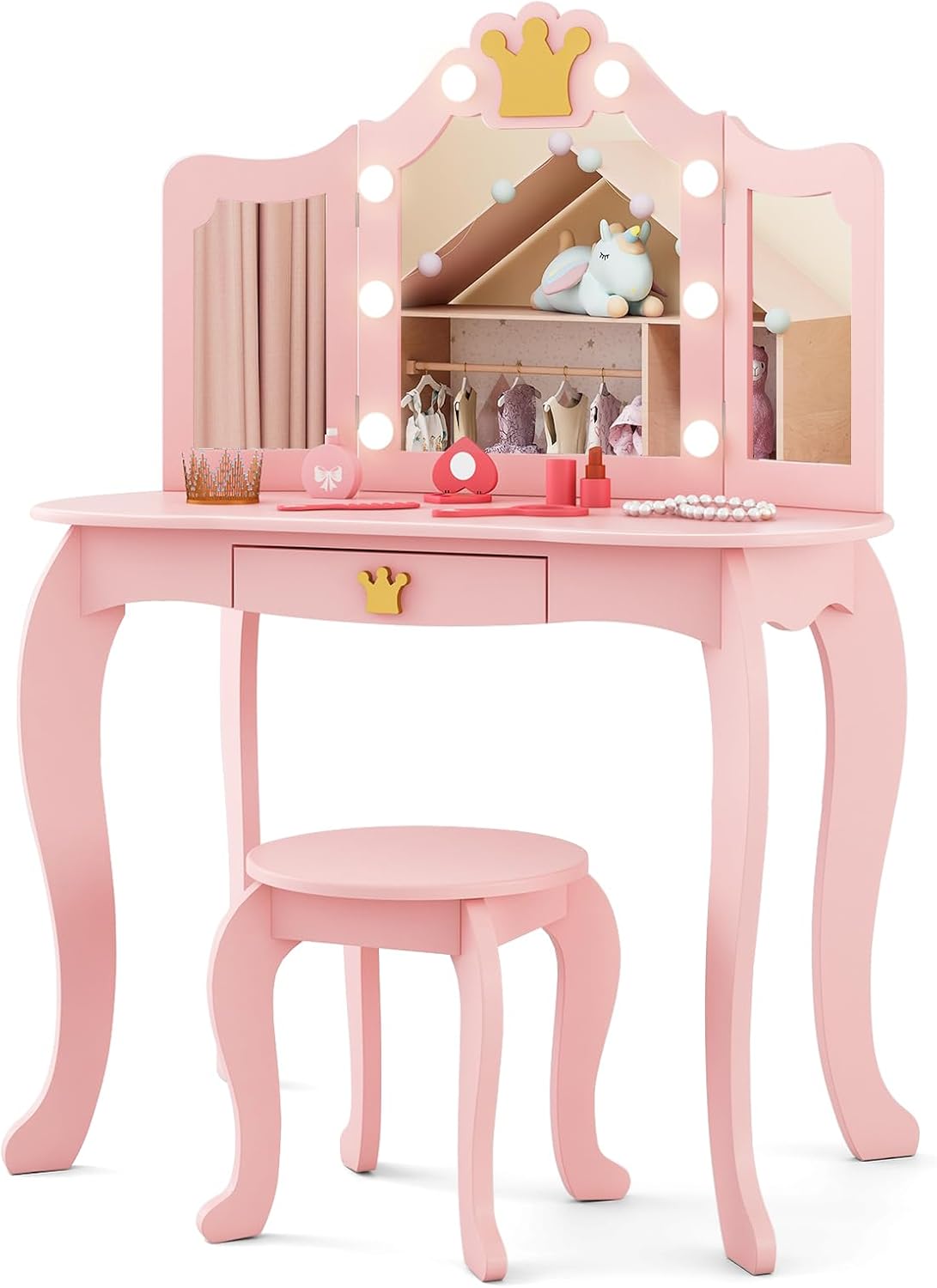 Costzon Kids Vanity with Lights, Girls Vanity Set with Mirror and Stool, Drawer, 2 in 1 Princess Makeup Desk Dressing Table, Kids Vanity Table and Chair Set (Pink)