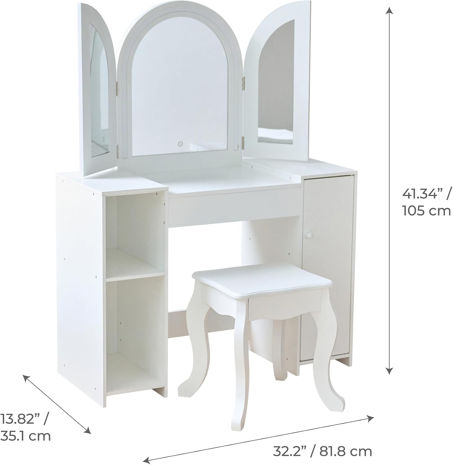 Teamson Kids 2-in-1 White Vanity Desk Set with Mirror & Stool for Girls - Dual Purpose Deluxe Glow Play Makeup Vanity & Desk with LED Lights & Cork Panels for Kids Ages +3