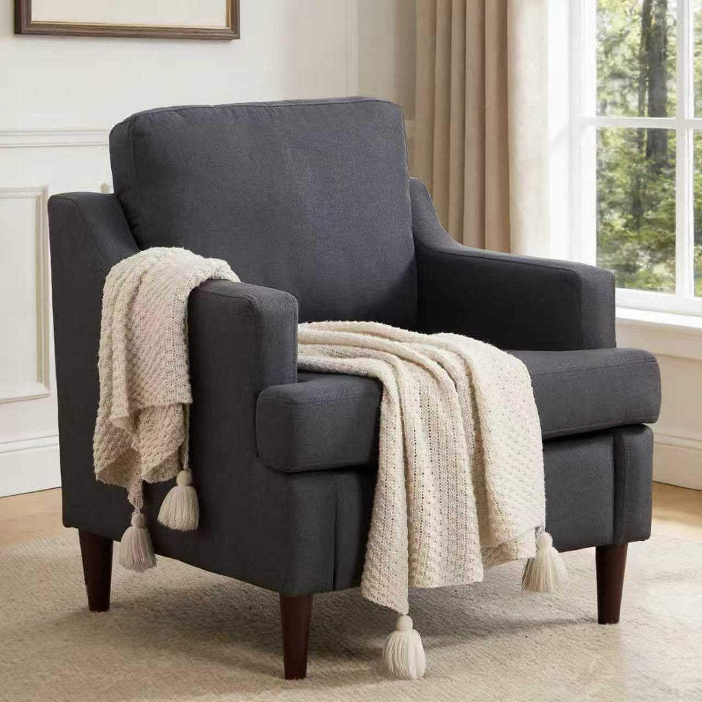Ketaiyou Mid-Century Accent Chair Modern Linen Fabric Armchair for Living Room,Comfy Upholstered Reading Chairs for Bedroom,Single Sofa Chair with Wood Legs (Darkgrey, Set of 1)