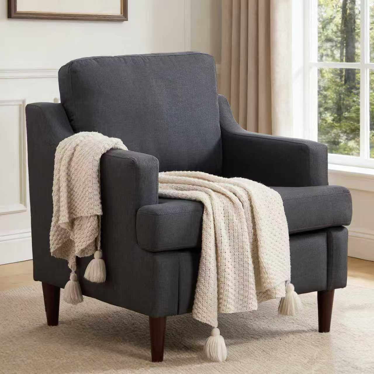 Ketaiyou Mid-Century Accent Chair Modern Linen Fabric Armchair for Living Room,Comfy Upholstered Reading Chairs for Bedroom,Single Sofa Chair with Wood Legs (Darkgrey, Set of 1)
