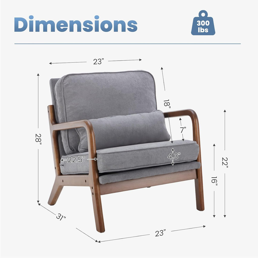 DUMOS Mid Century Modern Chair Set of 2, Accent Chair with Arms and Waist Cushion, Reading Chairs for Adults, Lounge Chair for Living Room and Bedroom, Solid Wooden Frame, Grey
