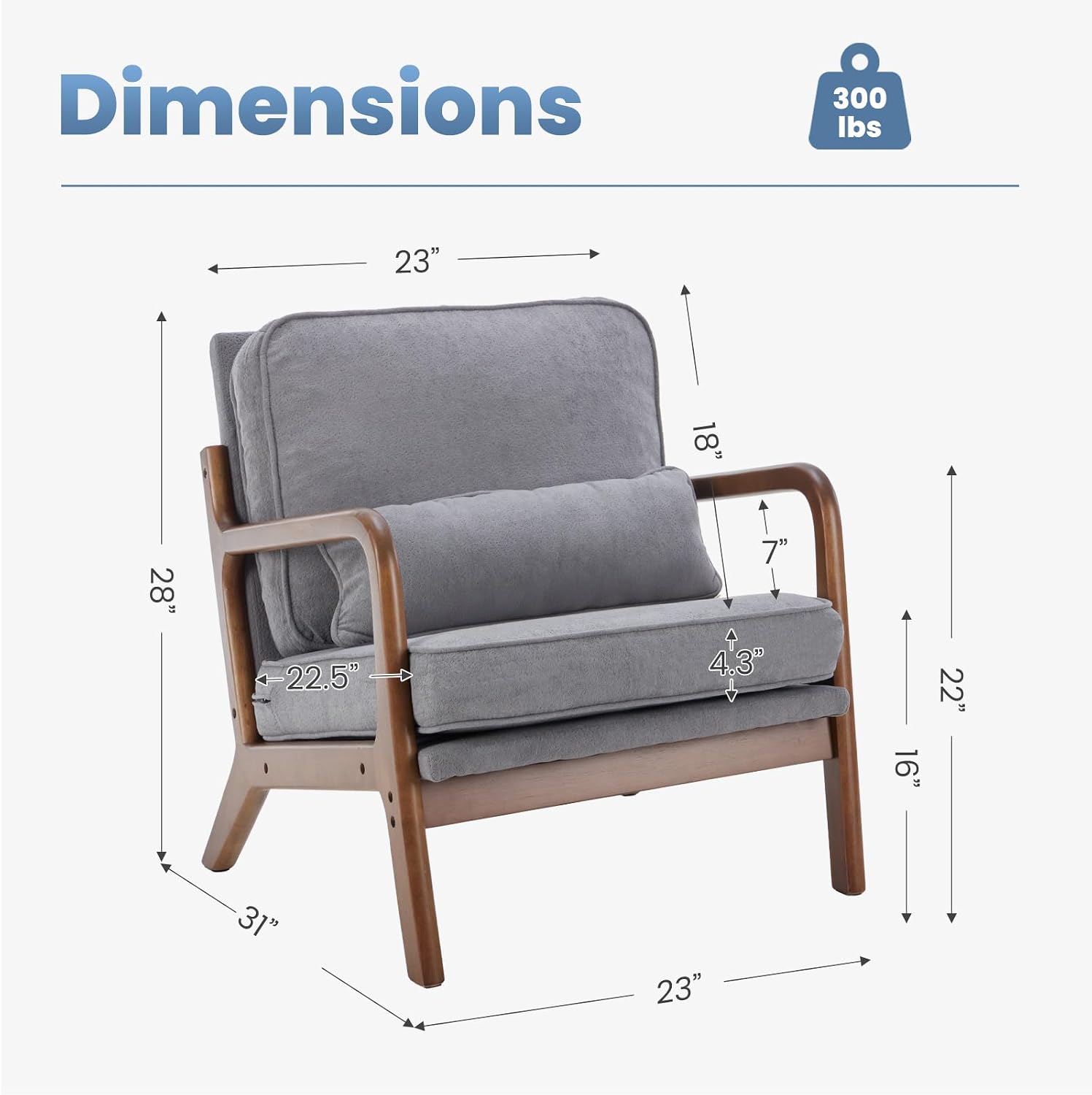 DUMOS Mid Century Modern Chair Set of 2, Accent Chair with Arms and Waist Cushion, Reading Chairs for Adults, Lounge Chair for Living Room and Bedroom, Solid Wooden Frame, Grey