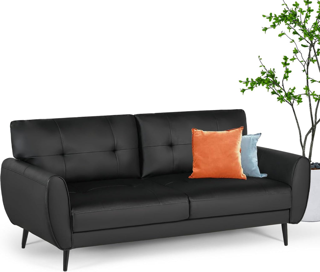 60' Loveseat Sofa for Living Room, Mid Century Mini Black Couch, Tufted Leather Love Seat Furniture, Comfy Office 2 Seat, Small Couches for Small Spaces, Bedroom, Apartment
