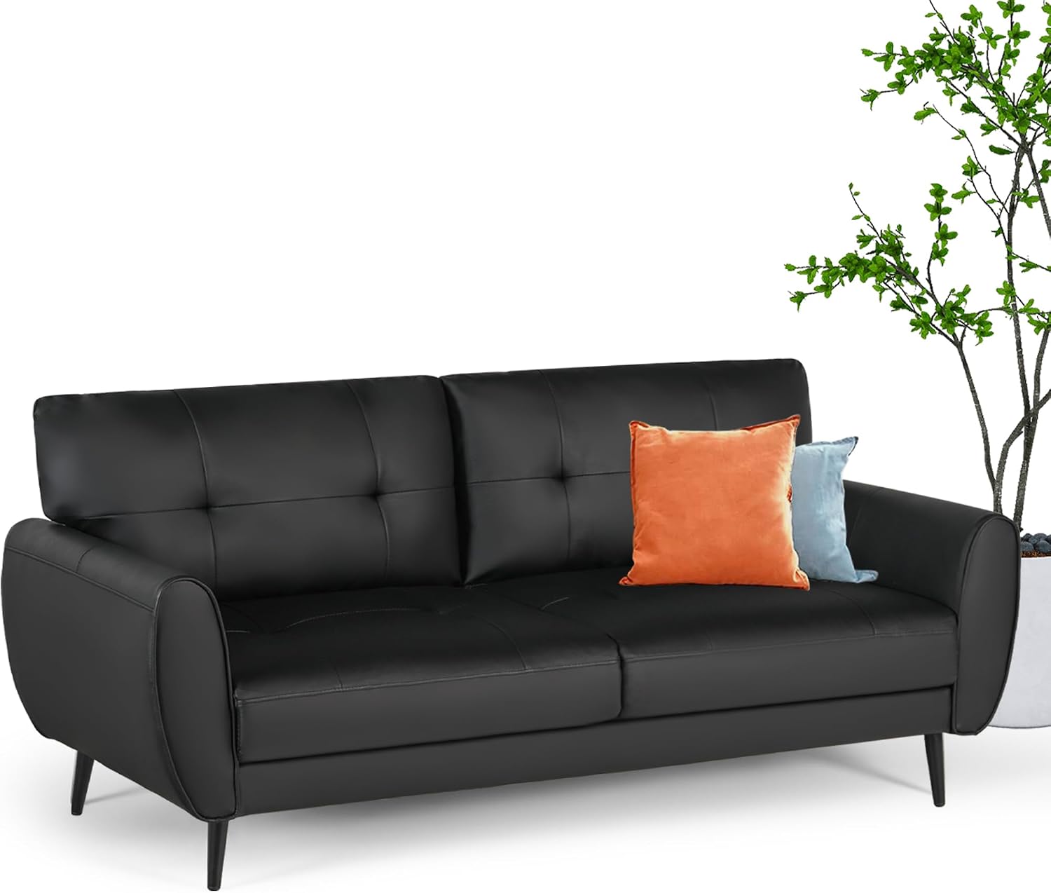 60' Loveseat Sofa for Living Room, Mid Century Mini Black Couch, Tufted Leather Love Seat Furniture, Comfy Office 2 Seat, Small Couches for Small Spaces, Bedroom, Apartment