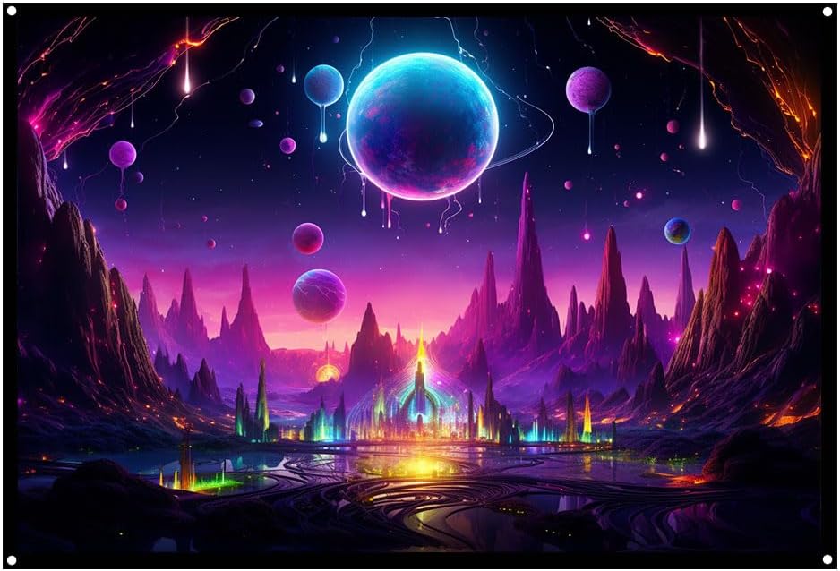 Psychedelic Fairy Land, UV tapestry, Blacklight Reactive Wall Hanging, Neon Backdrop, Party Decor, Psychedelic Tapestry, Visionary Wall Art (Large)