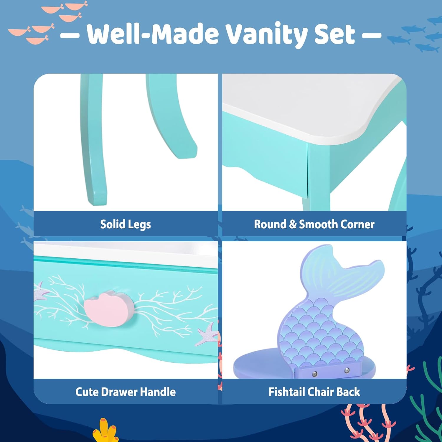 BRINJOY Kids Vanity with Lights, Wooden Princess Vanity for Girls, 2 in 1 Ocean Theme Toddler Dressing Table and Chair Set, Little Girl Makeup Vanity with Mirror for Children Birthday