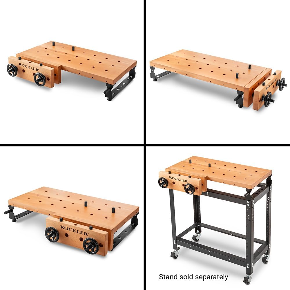 Rockler Handy Bench Portable Woodworking Workbench with Moxon Vise - 16x32 Solid Beech Benchtop, 4x4 Dog Hole Grid - Adjustable Steel Base Brackets, Compact Work Table for Garage or Shop