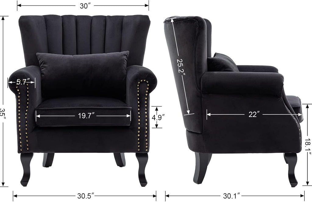 Kmax Black Accent Chair Velvet Wingback Chair with Pillow Nail-Head Channel Tufted Oversized Club Chair for Living Room Bedroom Guest Room