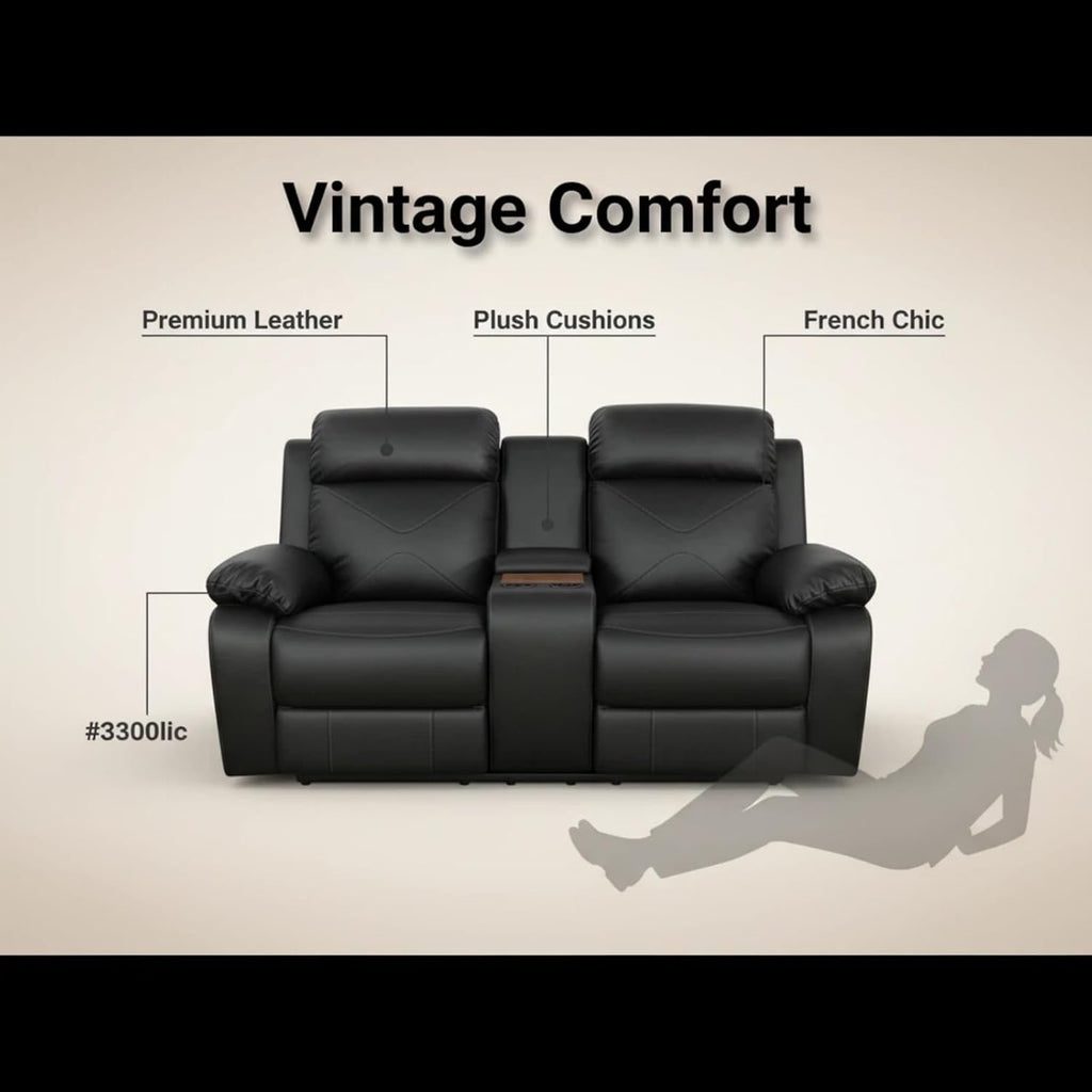 Leather Manual Recliner Sofa Set, Adjustable Backrest Reclining Loveseat Sofa with Storage Console & Cup Holders, Recliner Chair for House, Home Theater, Black