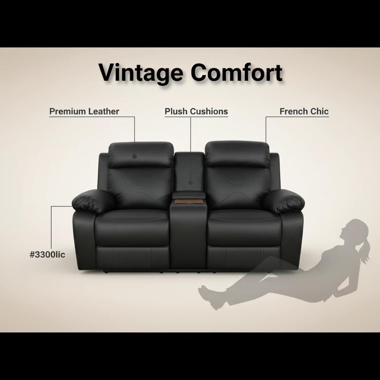 Leather Manual Recliner Sofa Set, Adjustable Backrest Reclining Loveseat Sofa with Storage Console & Cup Holders, Recliner Chair for House, Home Theater, Black