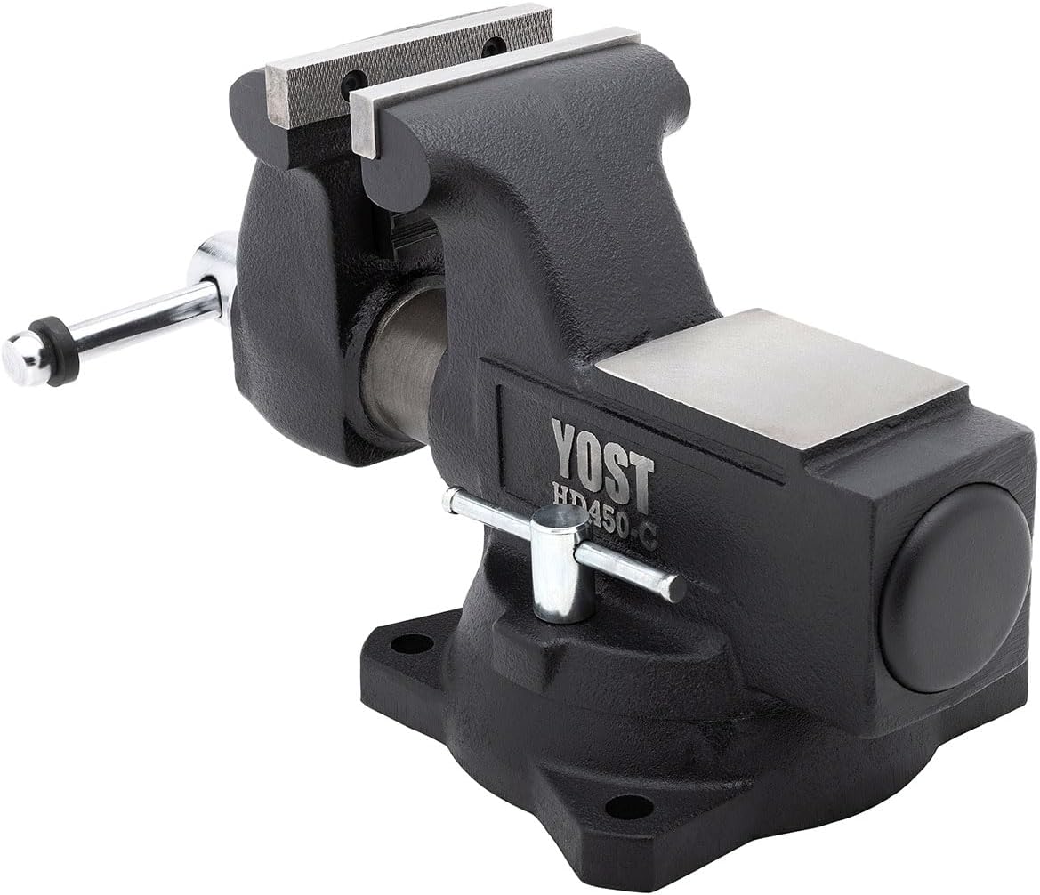 Yost HD450-C Heavy Duty 4-1/2 Inch Mechanics Work Bench Vise | Heavy Duty Woodworking & Metal Work Table with Secure Grip Swivel Base | 60,000 PSI Casting Iron Material with Extra-large Anvil Surface