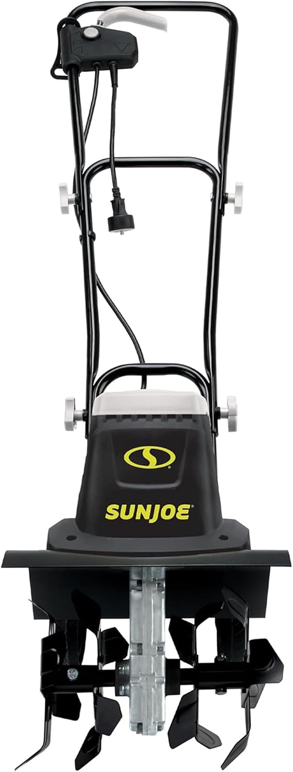 Sun Joe Electric Garden Tiller and Cultivator with 3 Position Height Adjustment Maximum 12-inch Cultivating Width and 8 Amp Motor, TJ602E
