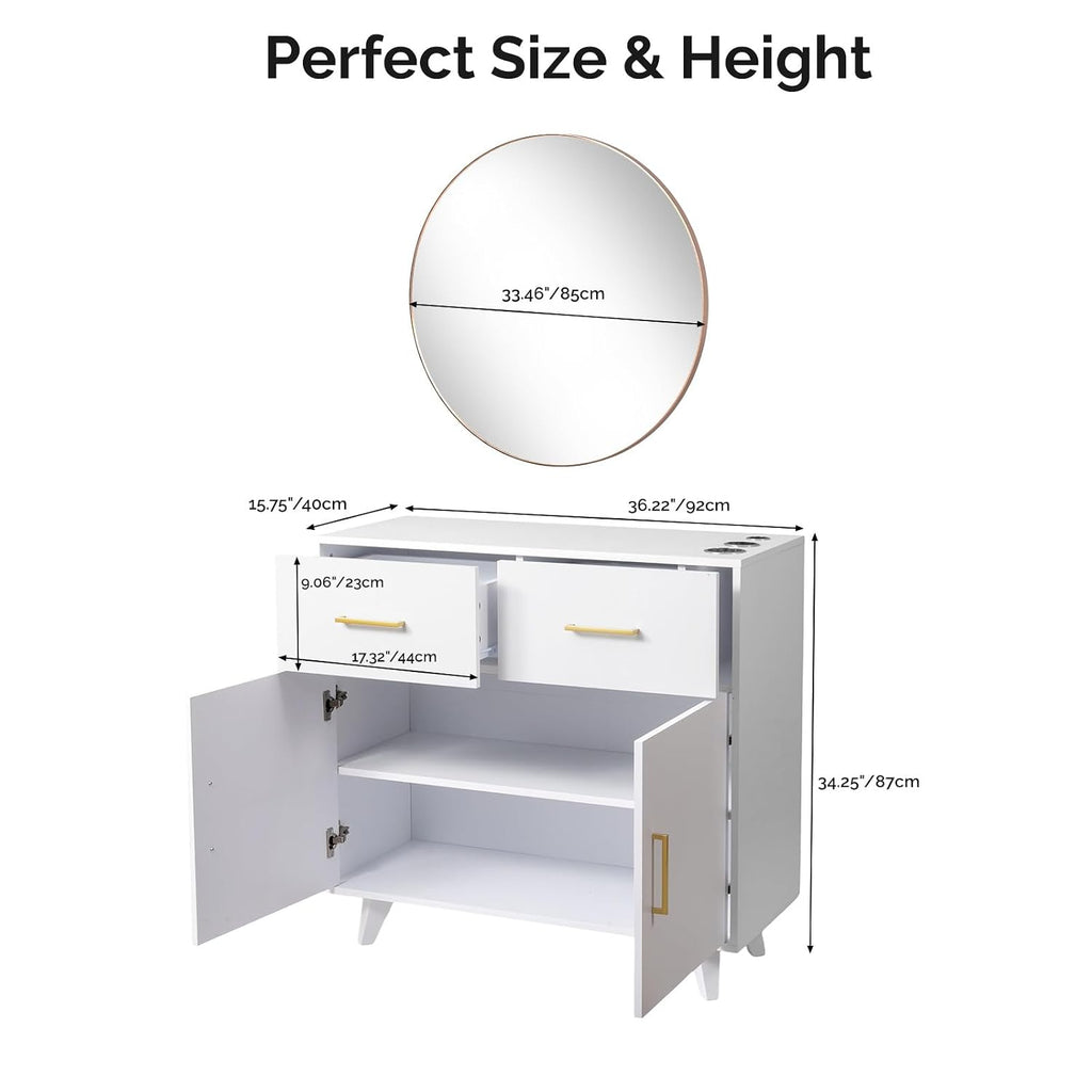 OmySalon Wall Mount Salon Station, Barber & Hair Stylist Station with Round Mirror, Hair Dryer Holders, Storage Cabinet & Adjustable Shelf, Beauty Spa Dresser, White