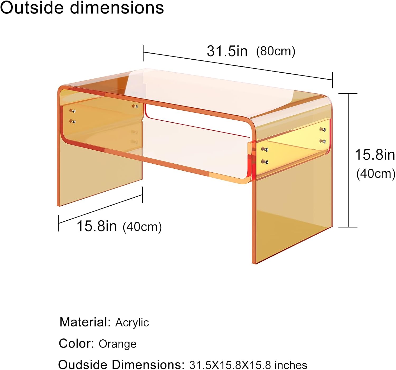 Acrylic Coffee Table, Orange Rectangle Side Table Furniture, Modern Tea Table with Open Storage for Living Room, Office Reception and Bedroom