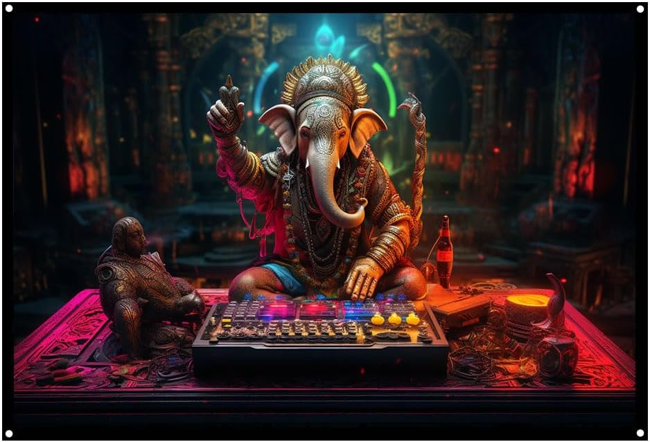 Ganesh Cyberpunk DJ, UV tapestry, Blacklight Reactive Wall Hanging, Neon Backdrop, Party Decor, Psychedelic Tapestry, Visionary Wall Art (Large)