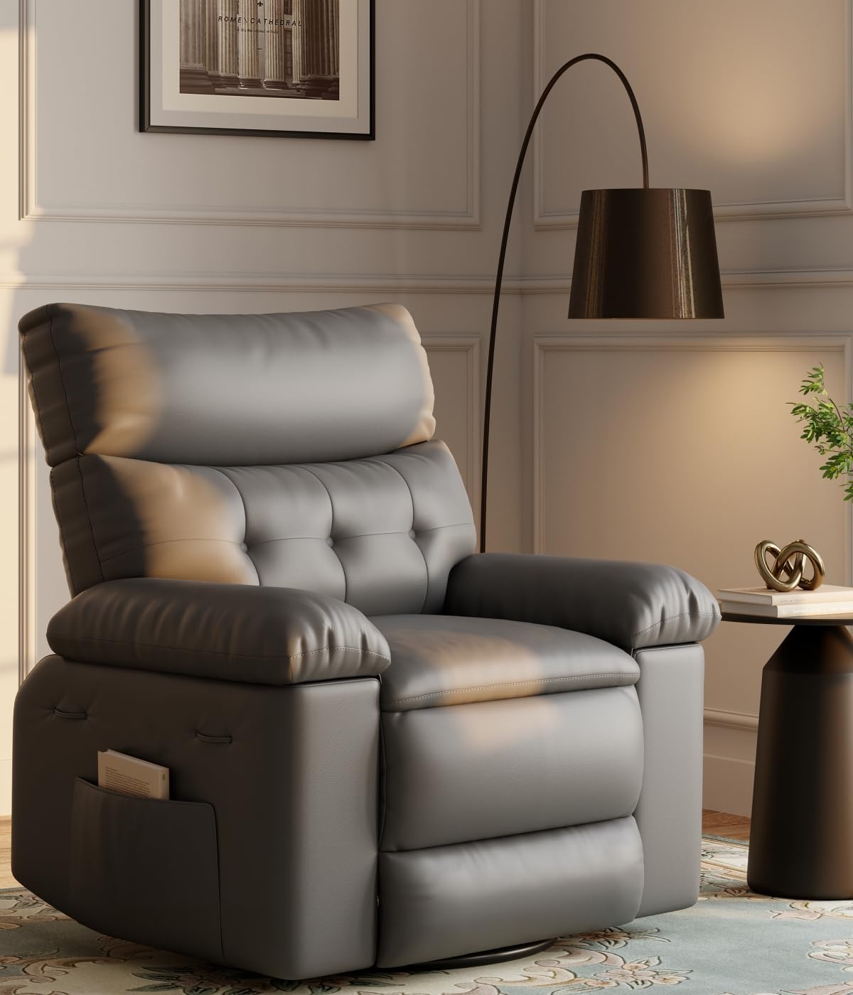 GarveeHome Oversized Recliner Chairs, Classic Manual Leather Recliner, Home Theater Seating with Lumbar & Arms Support for Living Room, Bedroom and Nursery - Grey