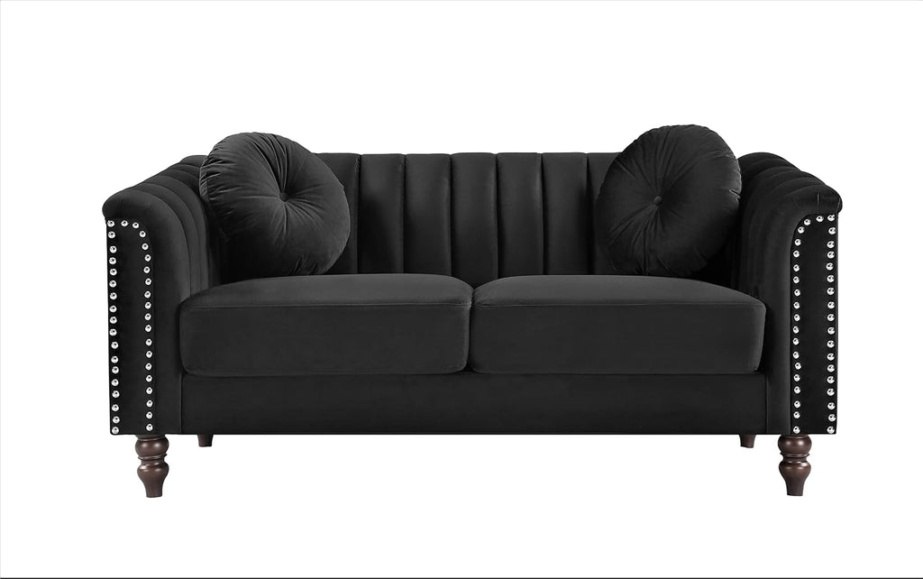 Container Furniture Tufted Velvet Sofa with Removable Cushions and Turned Wood Legs, Elegant Living Room Furniture for The Modern Home, 61.4 Inch Loveseat, Black