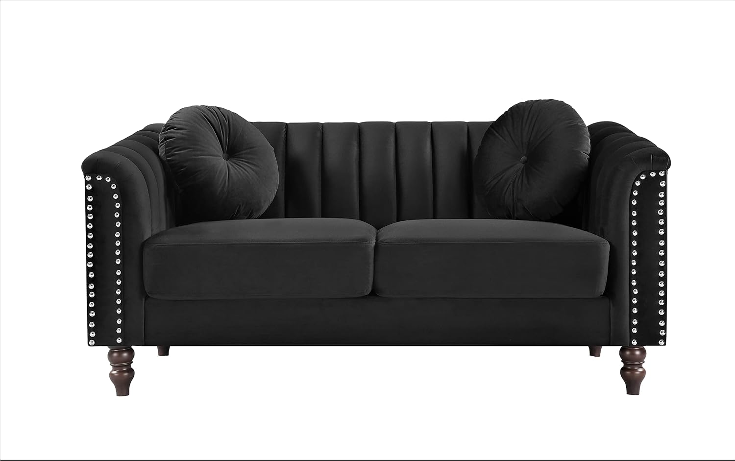 Container Furniture Tufted Velvet Sofa with Removable Cushions and Turned Wood Legs, Elegant Living Room Furniture for The Modern Home, 61.4 Inch Loveseat, Black