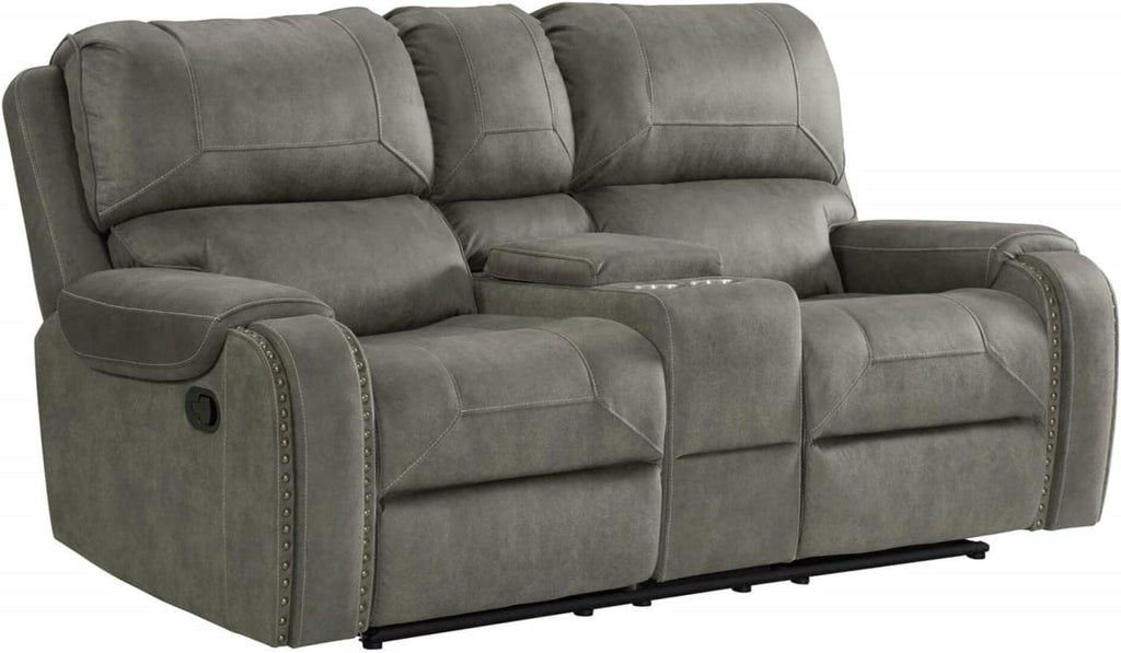 Sunset Trading Calvin 3 Piece Reclining Living Room Set | Sofa, Recliner and Loveseat | Gray Upholstery with Nailheads, Gray with Brass Nailheads, 6-Seater Home Theater Furniture