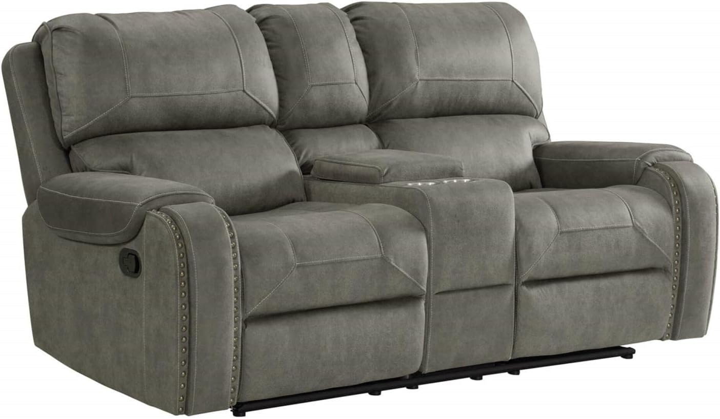 Sunset Trading Calvin 3 Piece Reclining Living Room Set | Sofa, Recliner and Loveseat | Gray Upholstery with Nailheads, Gray with Brass Nailheads, 6-Seater Home Theater Furniture