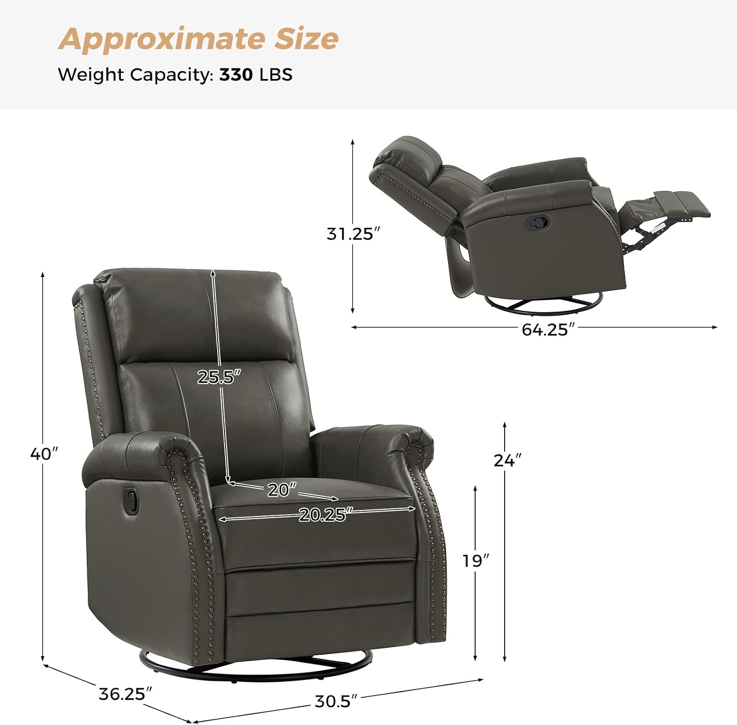 HULALA HOME Genuine Leather Swivel Rocker Recliner with Adjustable Backrest & Footrest, Manual Glider Recliner Chair with 360°Swivel Base, Home Theater Sofa Armchair for Living Room Bedroom, Grey