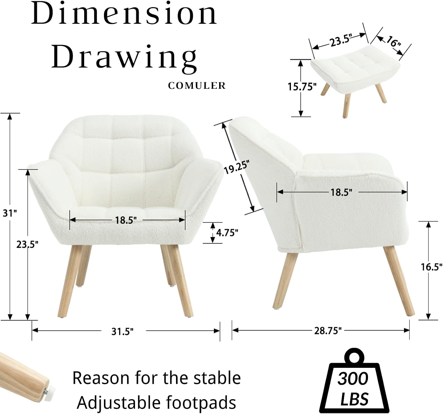 White Sherpa Accent Chair with Ottoman ，Modern Reading Chairs with Ottoman Set, Comfy Fuzzy Armchair Living Room Chair Lounge Chair with Wood Legs for Small Spaces Bedroom Apartment