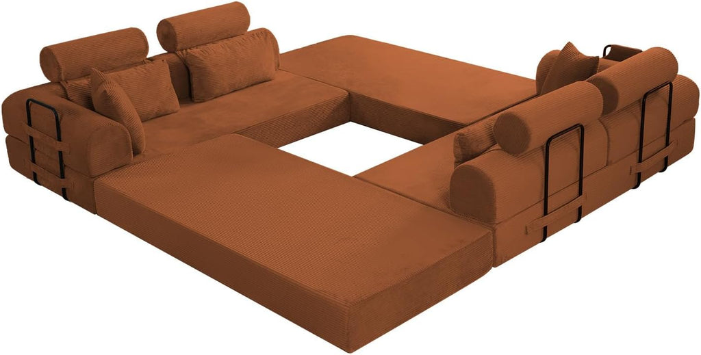 KEIKI 6-in-1 Folding Convertible High Back Sofa Sleeper, 106' Oversized Modular Sectional Corduroy Upholstered L Shape Couches for Living Room, Plush Comfort High-Density Foam for Studio Apartment