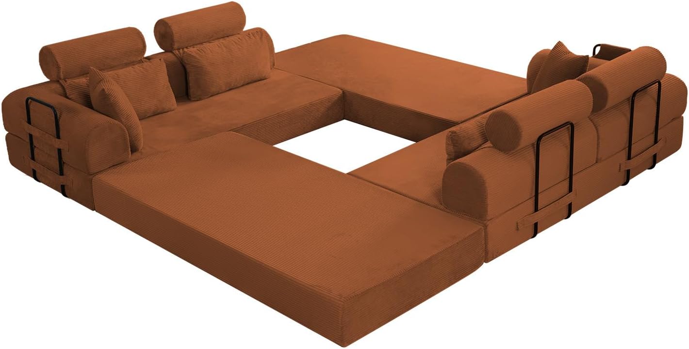 KEIKI 6-in-1 Folding Convertible High Back Sofa Sleeper, 106' Oversized Modular Sectional Corduroy Upholstered L Shape Couches for Living Room, Plush Comfort High-Density Foam for Studio Apartment