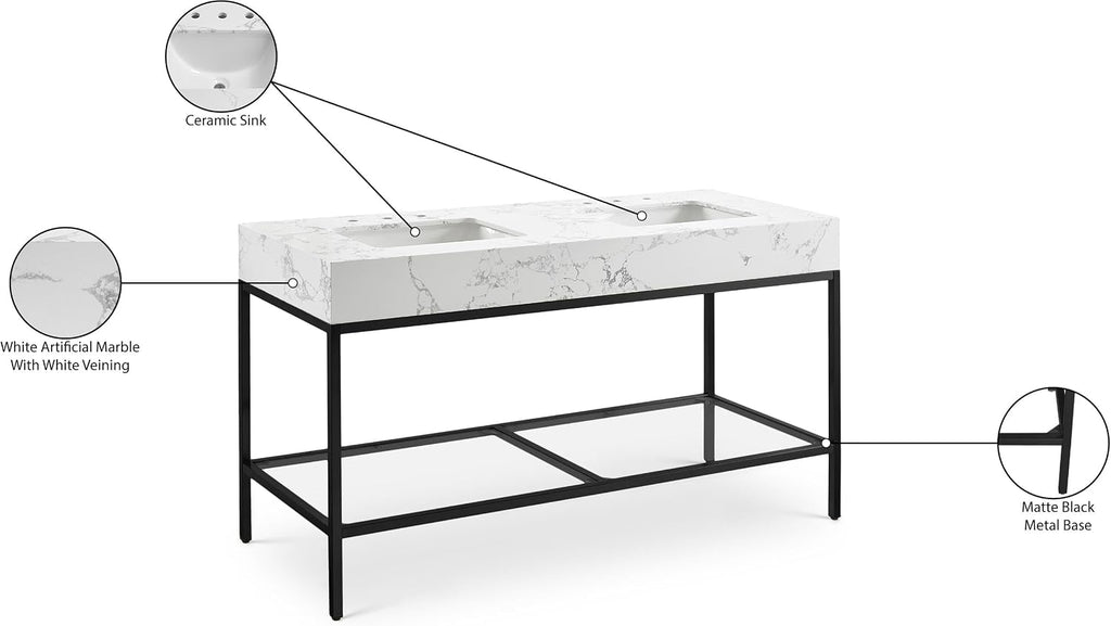 Meridian Furniture 407White-60 Marmo Collection Modern | Contemporary Bathroom Vanity with White Engineered Stone with Grey Veining, Matte Black Metal Base, 60' W x 23' D x 34' H, White