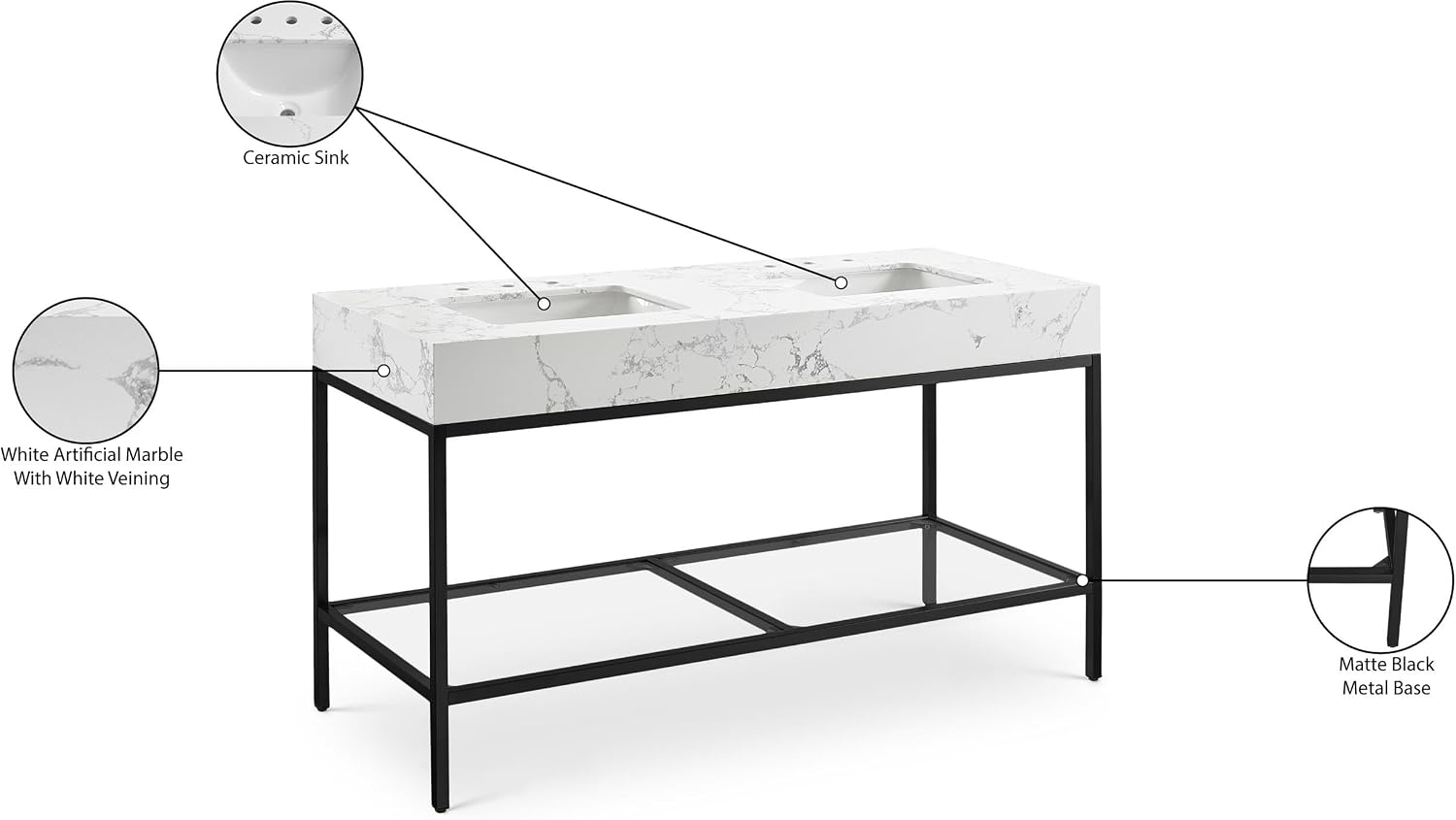 Meridian Furniture 407White-60 Marmo Collection Modern | Contemporary Bathroom Vanity with White Engineered Stone with Grey Veining, Matte Black Metal Base, 60' W x 23' D x 34' H, White